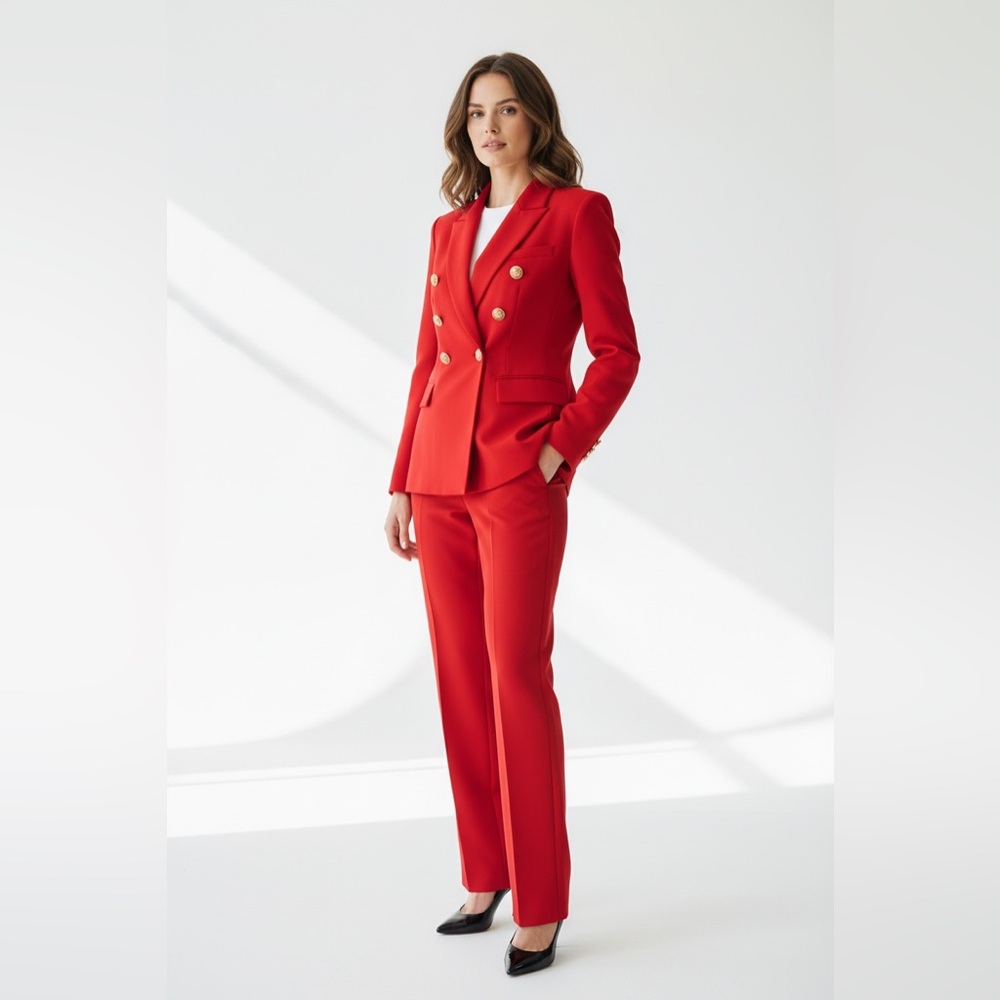 Jade Red Double-Breasted Blazer & Pants Suit Set
